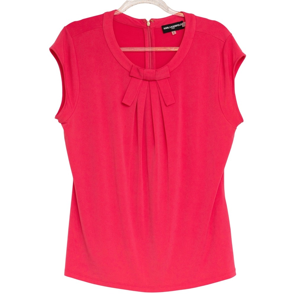 KARL LAGERFELD Sz S Hot Pink Bow Neck Cap Sleeve Zipper Top Preppy Sophisticated